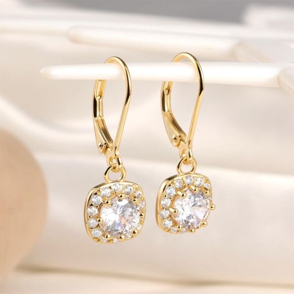 Sterling Silver Leverback Dangle Drop Earrings Cubic Zirconia Halo Earrings Gift - Picture 2 of 3